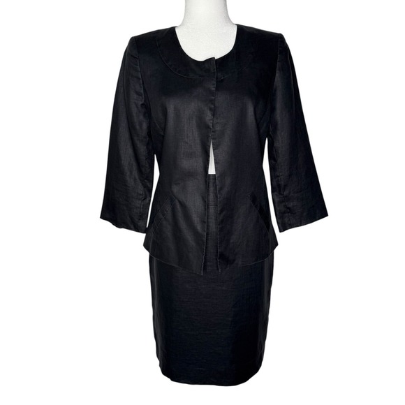 Anne‎ Klein 4 100% Linen 2 Piece Skirt Blazer Jacket Suit Set Black 3/4 Sleeve - Picture 1 of 8